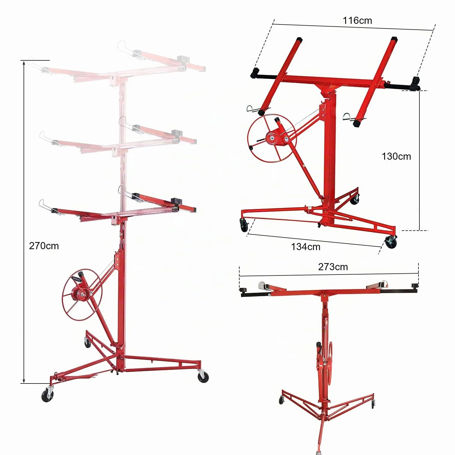 Lève-plaque XXL pour cloison sèche, capacité de charge 68 kg, hauteur de travail 140-350 cm, largeur maximale 290 cm, pliable, réglable, pivotant, aide au montage, rouge