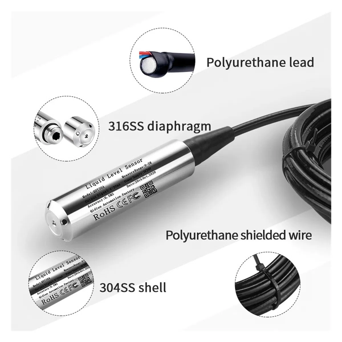 Capteur de Niveau d'eau 60 m, transmetteur de Niveau de Liquide 4-20 mA 0-10 V RS485 IP68(Rs485 Output,60M Range 60M Cable)