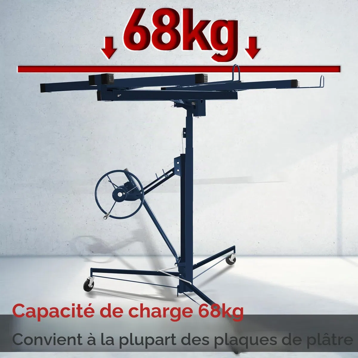 Fiqops Lève-plaque XXL jusqu'à 68 kg maximum pour plaques de plâtre de 140 à 350 cm - Hauteur de travail réglable en hauteur - Largeur du bras de charge maximale : 290 cm - Bleu