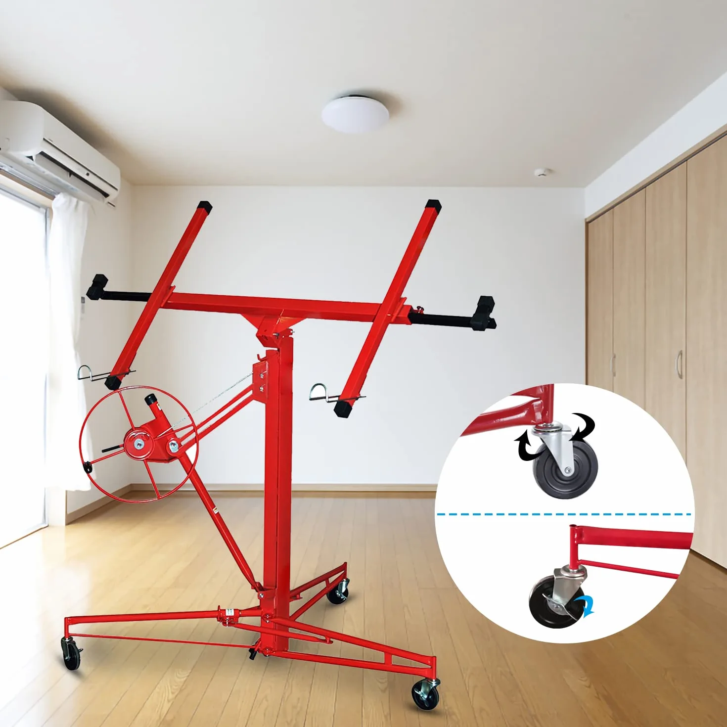 Lève-plaque XXL pour plaques de plâtre, hauteur de travail de 140 à 350 cm, hauteur de travail réglable en hauteur, largeur maximale du bras de charge 290 cm et charge maximale de 70 kg