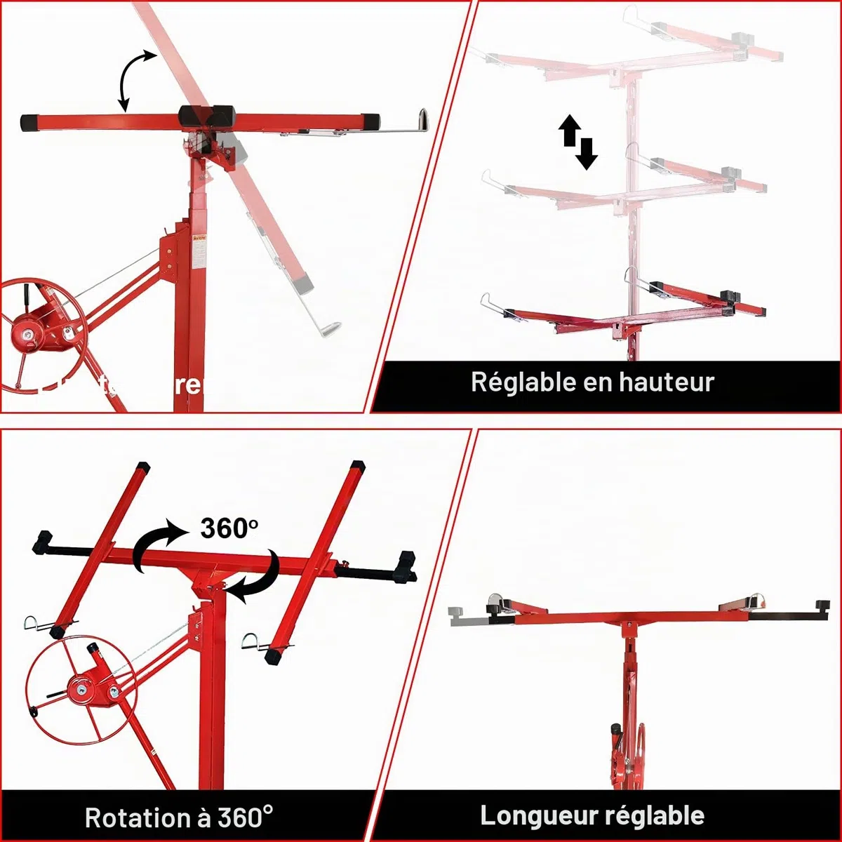 Lève-plaques XXL pour plaques de plâtre, hauteur de travail réglable de 132-325 cm, largeur de bras de charge max 295 cm et capacité de charge de 68 kg, aide pliable au montage pour cloisons