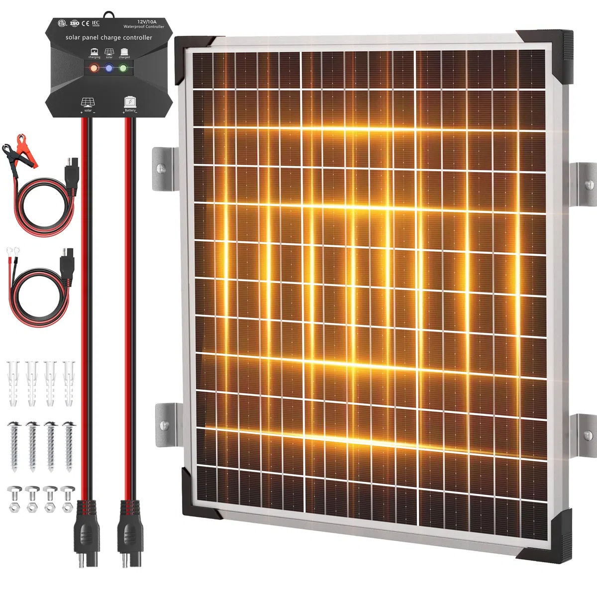 Voltset Kit de panneau solaire 50 W 12 V - Chargeur de maintenance pour batteries solaires monocristallines + mise à niveau vers régulateur de charge MPPT 10 A + support en forme de Z pour voiture,