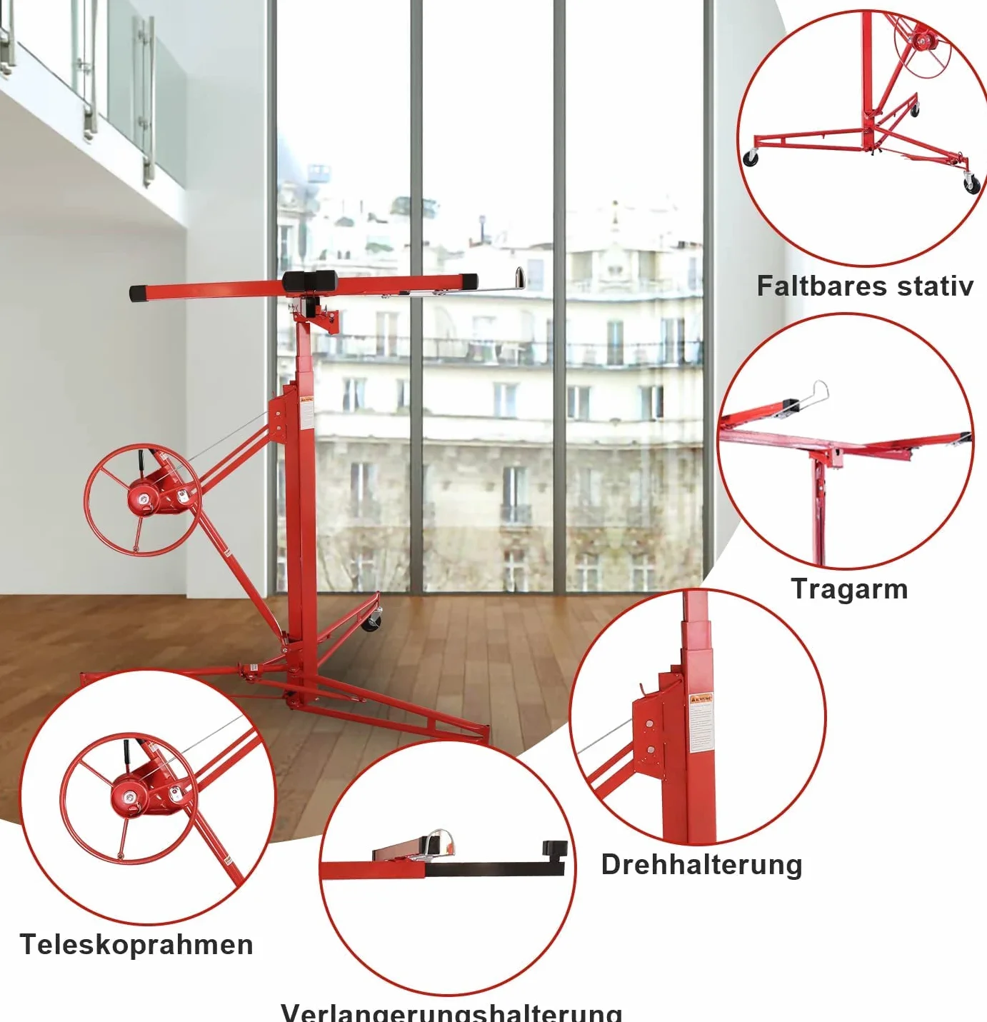 Lève-plaque pliable XXL 140 à 350 cm Hauteur de travail réglable pour plaques de plâtre Charge maximale 68 kg Largeur du bras de charge maximale 290 cm