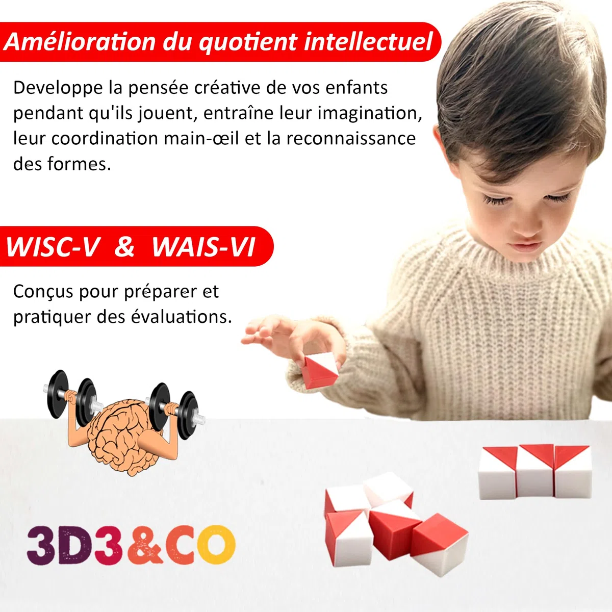 3D3 & CO - Cubes de Kohs, 9 Cubes Rouges et Blancs de 2,5 cm, pour Tester comme Test WISC et Test WAIS