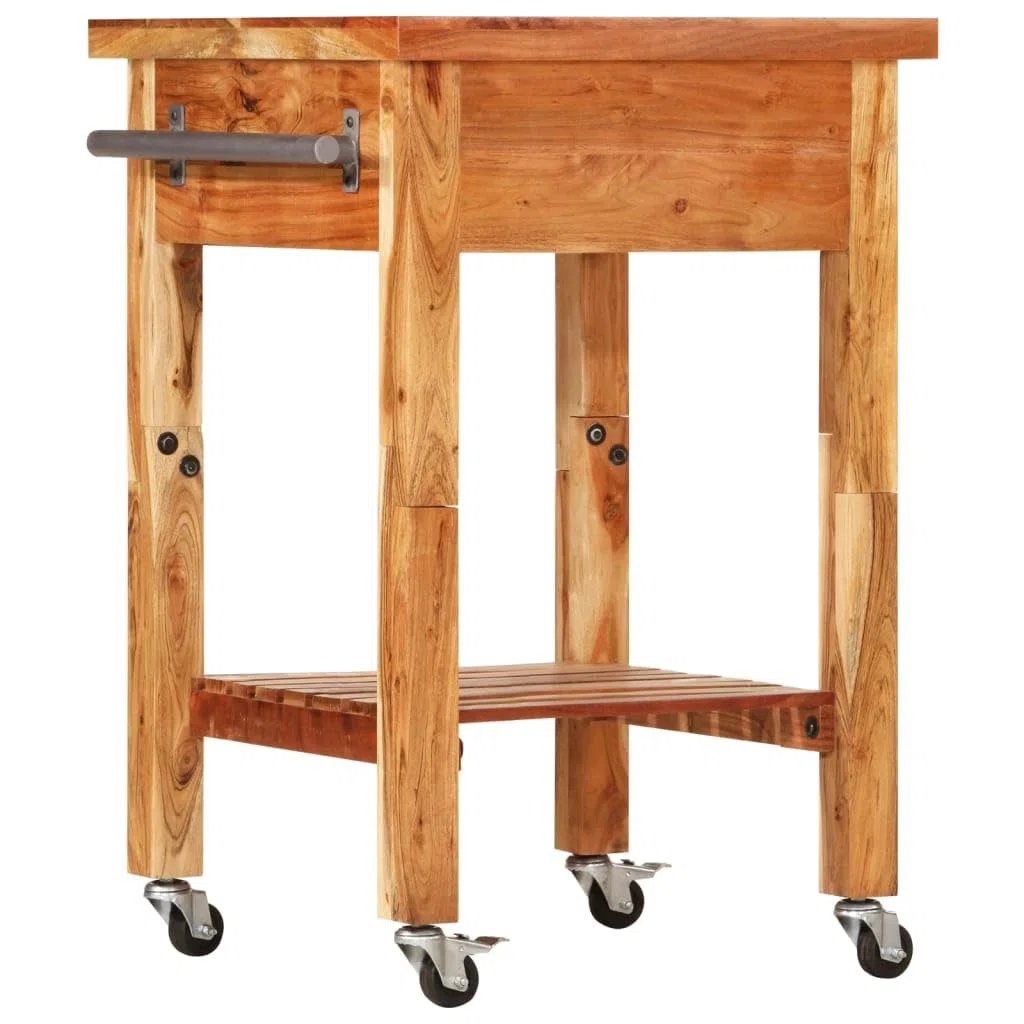 Chariot de cuisine en bois d'acacia massif 55 x 55 x 89 cm avec tiroir, étagère et porte-serviettes, roulant avec roulettes en métal, chariot de service polyvalent et espace de rangement pour