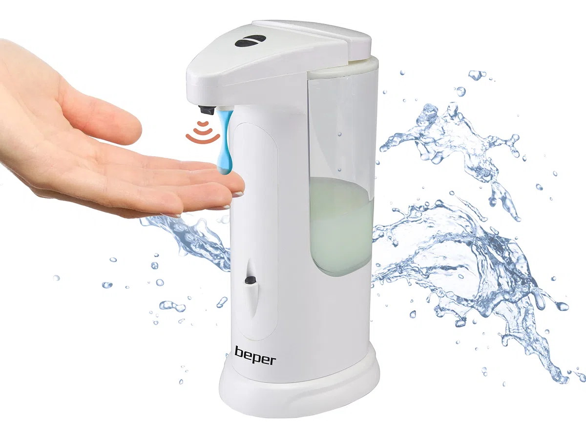 BEPER P201UTP004 Distributeur Automatique de Savon et Gel désinfectant, Distribution réglable, capteur de précision, Protection Anti-Chute, capacité de 370 ML, Blanc