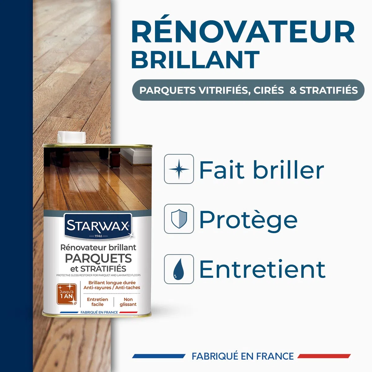 STARWAX Rénovateur brillant protecteur pour parquets et sols stratifiés 1L, fait briller et protège, anti-tache, estompe les rayures, non glissant, longue durée jusqu'à 1 an, rendement 30m²/L