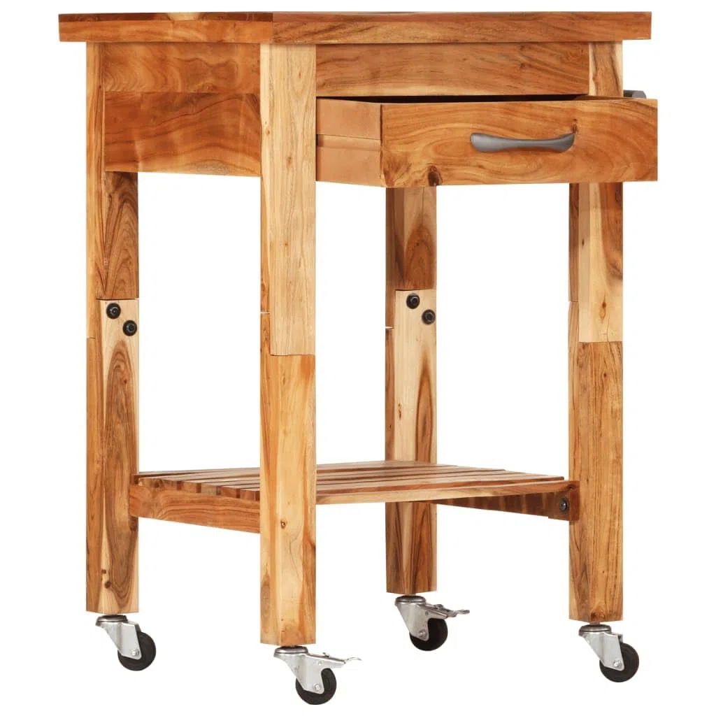 Chariot de cuisine en bois d'acacia massif 55 x 55 x 89 cm avec tiroir, étagère et porte-serviettes, roulant avec roulettes en métal, chariot de service polyvalent et espace de rangement pour