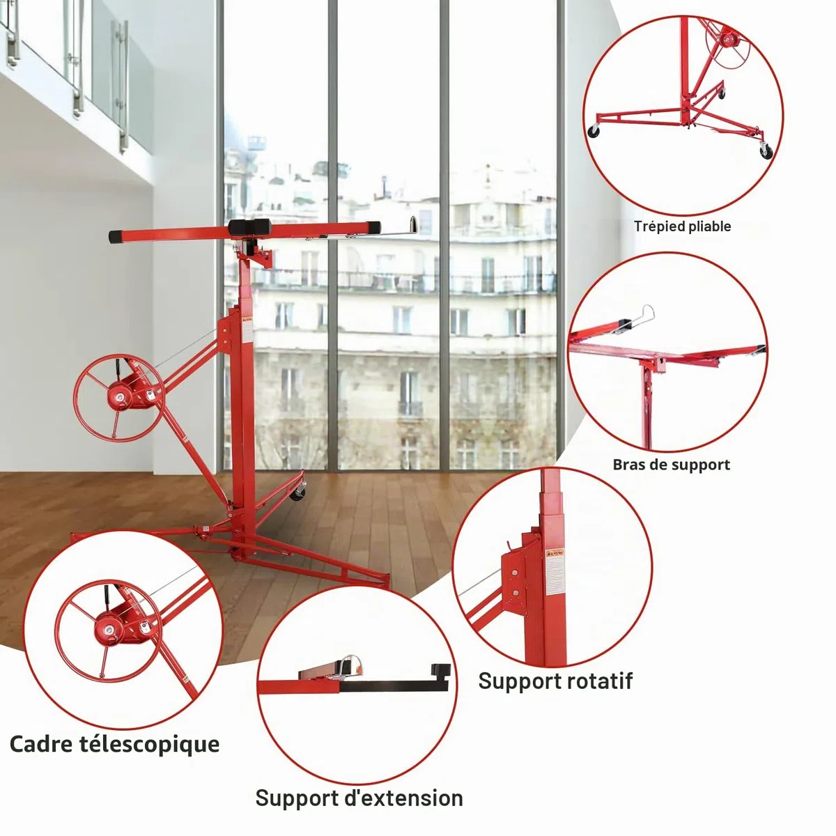 Lève-plaque XXL pour plaques de plâtre, hauteur de travail de 140 à 350 cm, hauteur de travail réglable en hauteur, largeur maximale du bras de charge 290 cm et charge maximale de 70 kg
