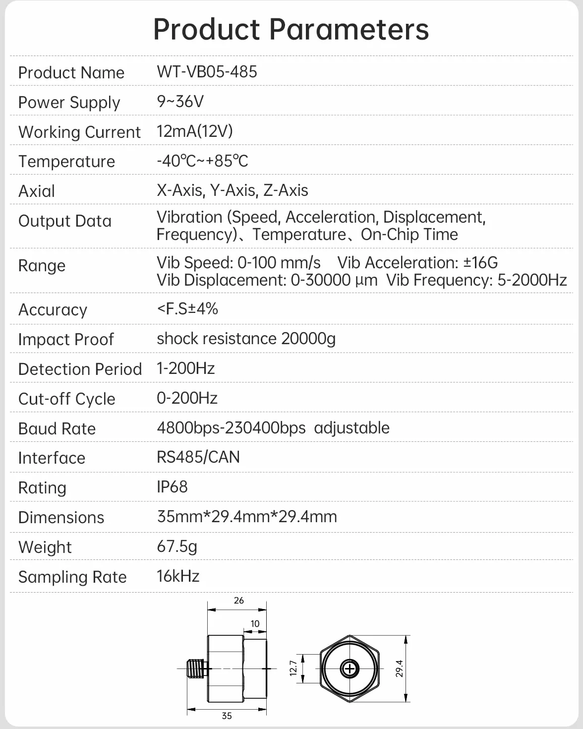 [Capteur de vibrations Modbus RS485] Transducteur étanche IP68 WTVB05, détecteur d'accélération de vibrations 3 axes (fréquence + déplacement + vitesse), moniteur de moteur, montage magnétique fileté