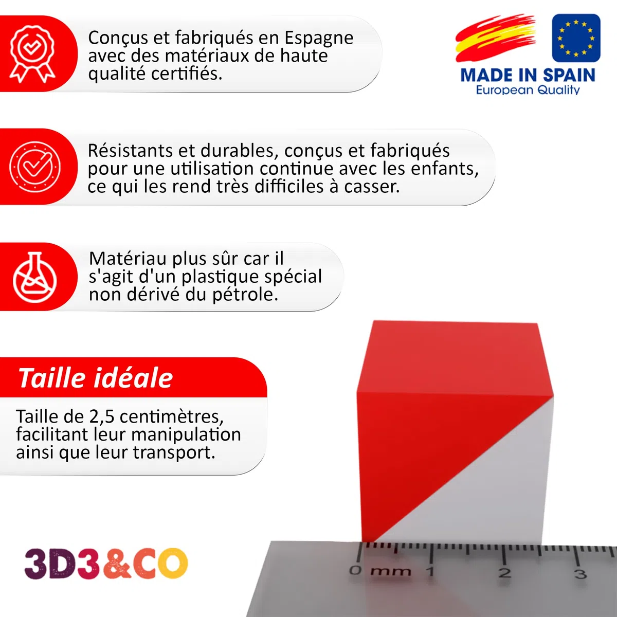 3D3 & CO - Cubes de Kohs, 9 Cubes Rouges et Blancs de 2,5 cm, pour Tester comme Test WISC et Test WAIS