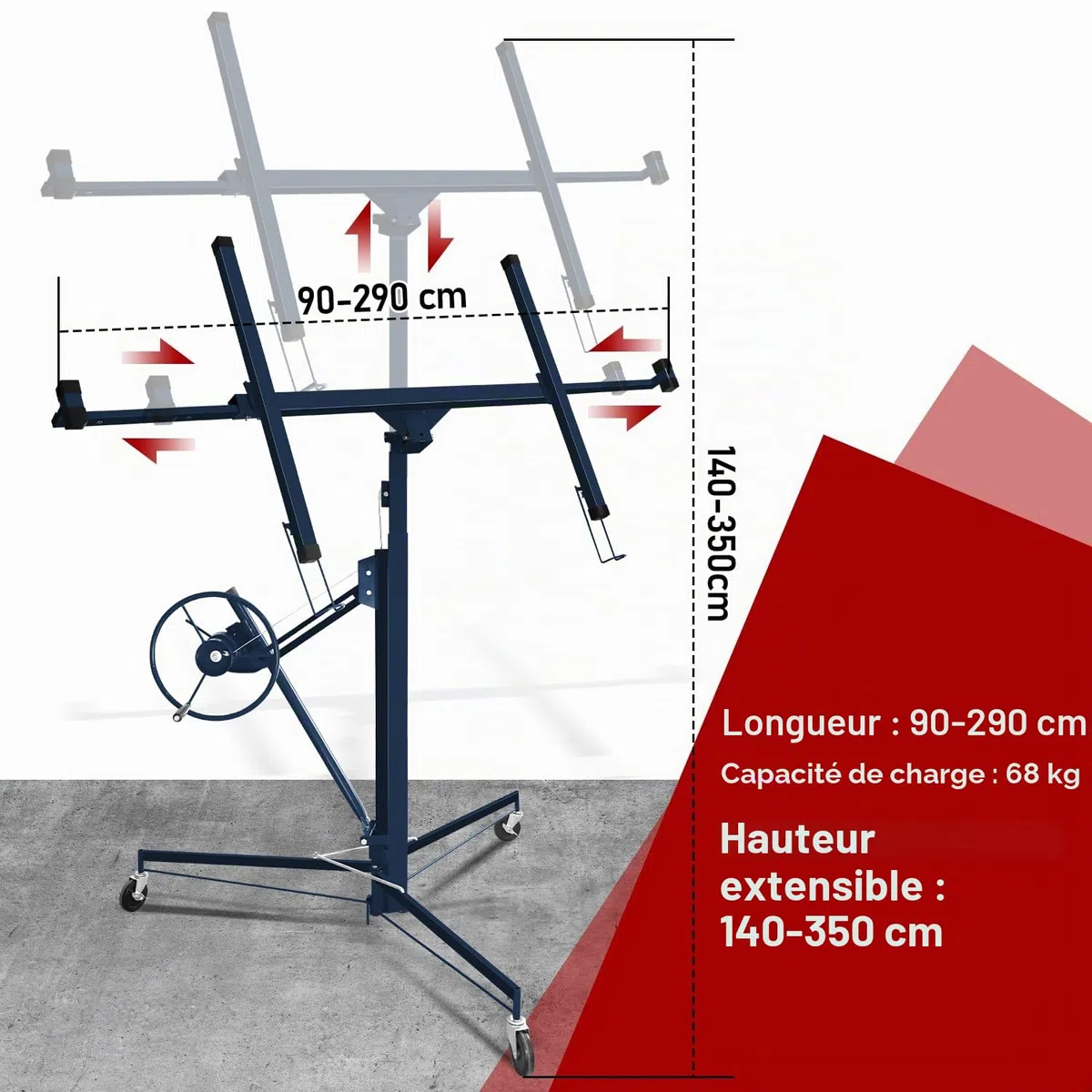 Fiqops Lève-plaque XXL jusqu'à 68 kg maximum pour plaques de plâtre de 140 à 350 cm - Hauteur de travail réglable en hauteur - Largeur du bras de charge maximale : 290 cm - Bleu