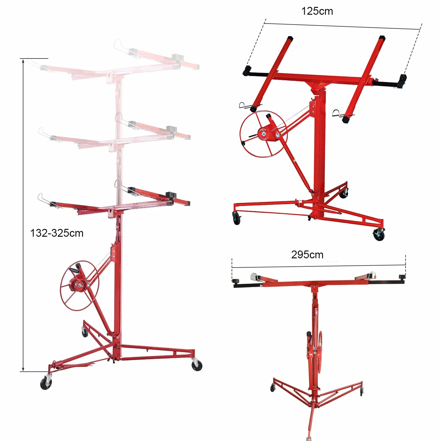 Lève-plaques XXL pour plaques de plâtre, hauteur de travail réglable de 132-325 cm, largeur de bras de charge max 295 cm et capacité de charge de 68 kg, aide pliable au montage pour cloisons