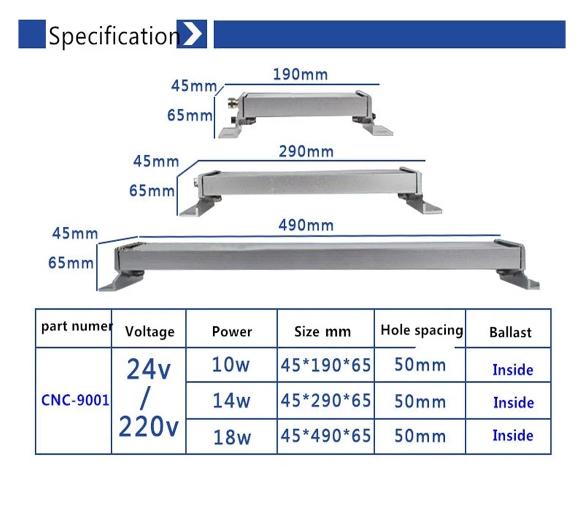 Lampe de travail 10 W/14 W/18 W CNC LED Panneau métallique pour machines-outils (110 V 220 V, 18 W 490 mm de long)