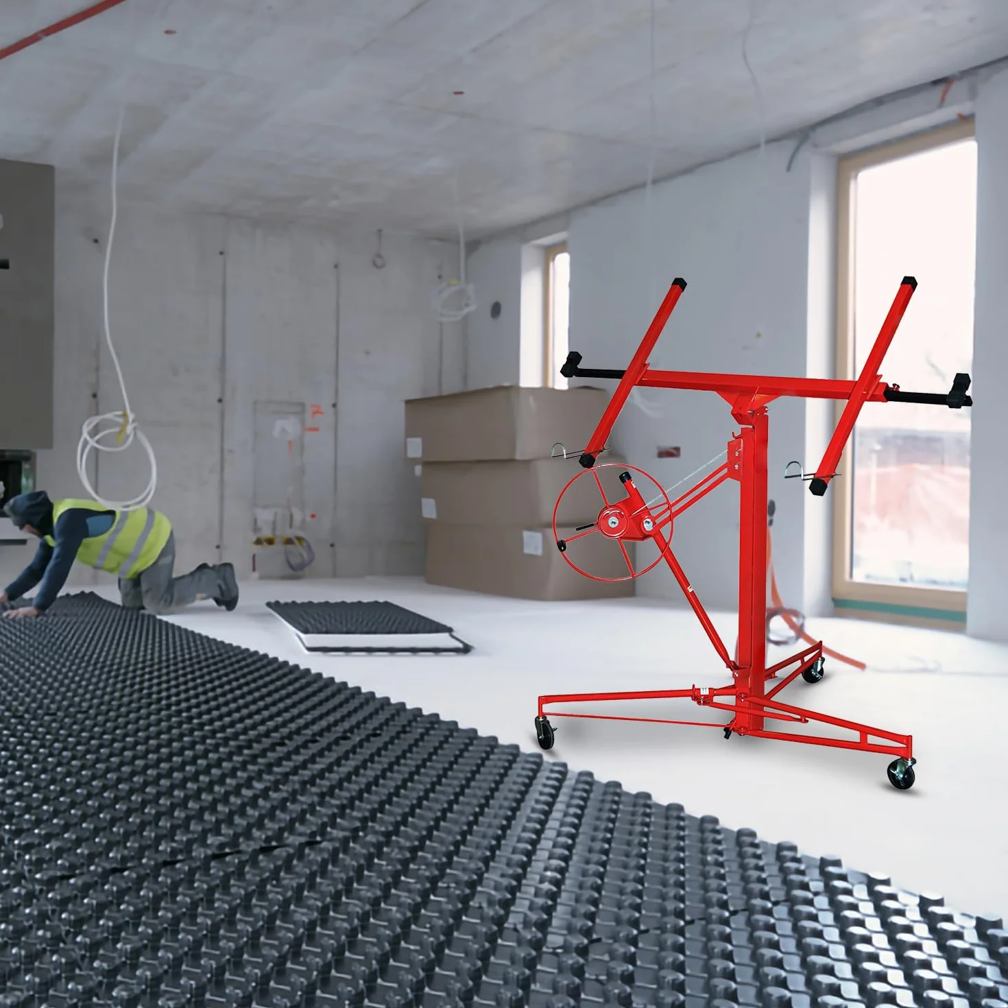 Lève-plaques XXL pour plaques de plâtre, hauteur de travail réglable de 132-325 cm, largeur de bras de charge max 295 cm et capacité de charge de 68 kg, aide pliable au montage pour cloisons