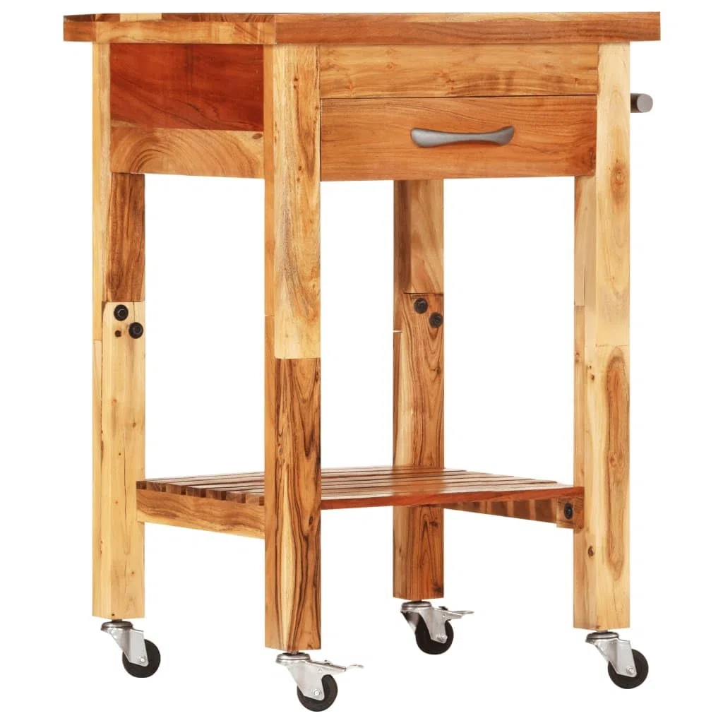 Chariot de cuisine en bois d'acacia massif 55 x 55 x 89 cm avec tiroir, étagère et porte-serviettes, roulant avec roulettes en métal, chariot de service polyvalent et espace de rangement pour