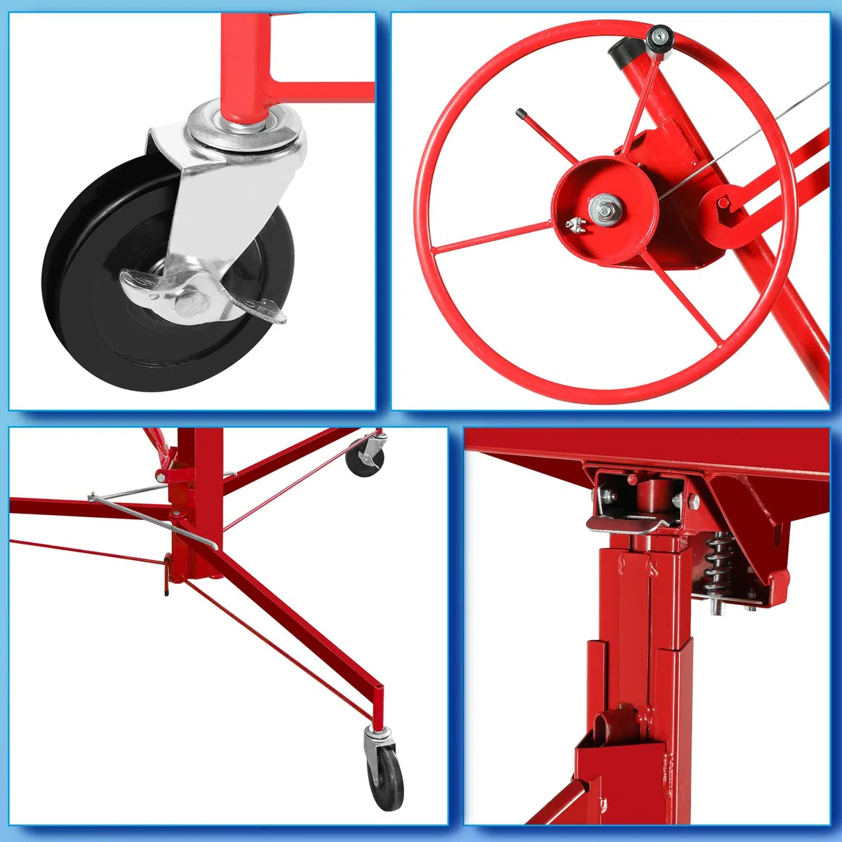 Lève-plaque XXL pour cloison sèche, capacité de charge 68 kg, hauteur de travail 140-350 cm, largeur maximale 290 cm, pliable, réglable, pivotant, aide au montage, rouge