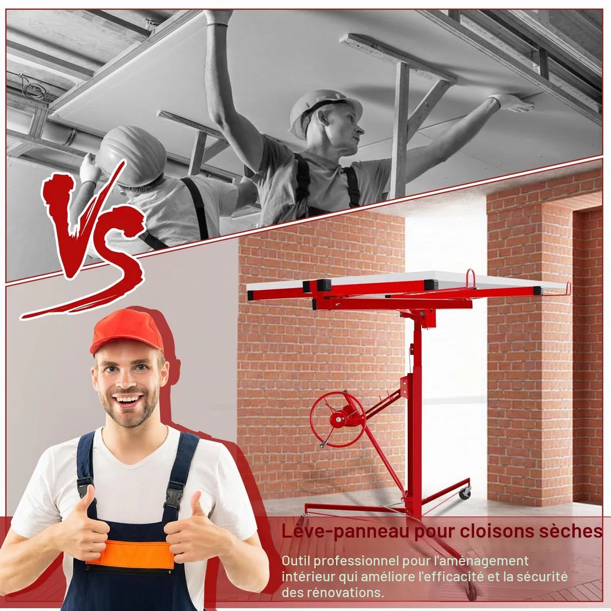 Lève-plaque XXL pour cloison sèche, capacité de charge 68 kg, hauteur de travail 140-350 cm, largeur maximale 290 cm, pliable, réglable, pivotant, aide au montage, rouge