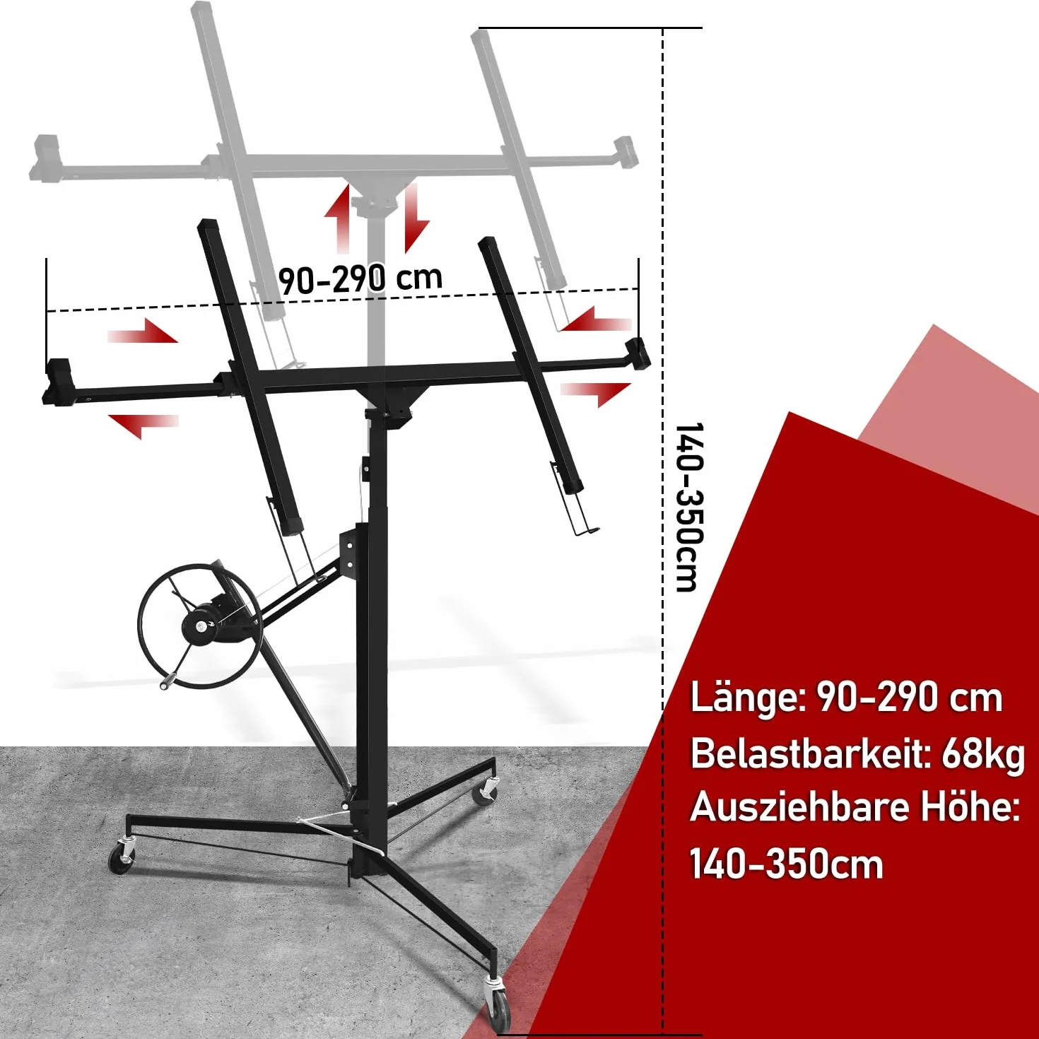 Lève-plaque XXL jusqu'à 68 kg maximum pour plaques de plâtre, hauteur 140-350 cm, largeur maximale du bras de charge 290 cm, 3 roues avec frein de stationnement, ajustement facile, noir