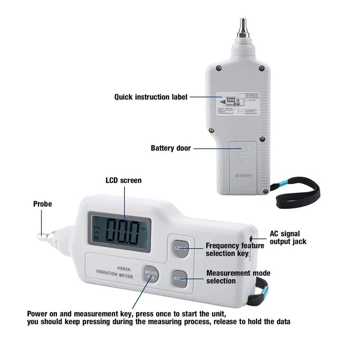 BASSFLY Appareil de Mesure des Vibrations AS63A Capteur Intelligent Accélération/Déplacement/Vitesse Analyseur de Vibrations Vibromètre Compteur de Vibrations Portable