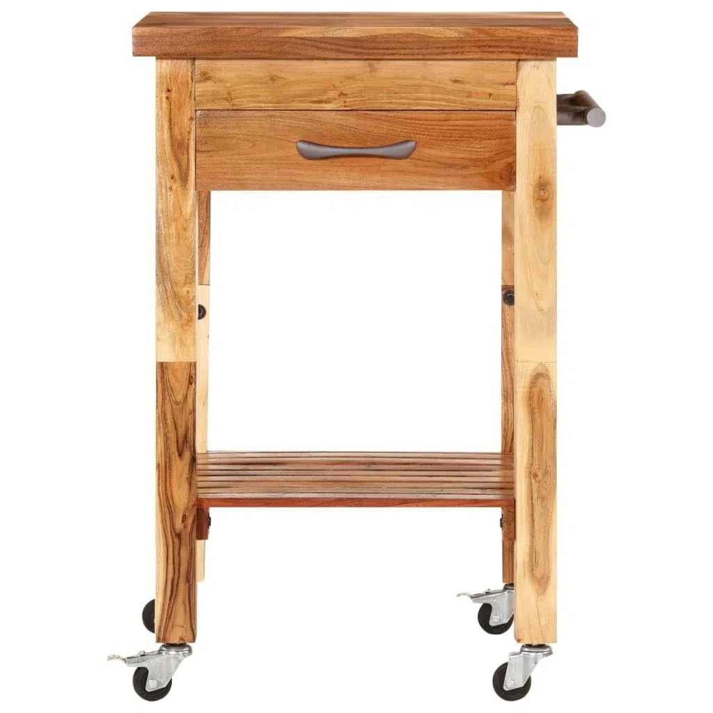 Chariot de cuisine en bois d'acacia massif 55 x 55 x 89 cm avec tiroir, étagère et porte-serviettes, roulant avec roulettes en métal, chariot de service polyvalent et espace de rangement pour