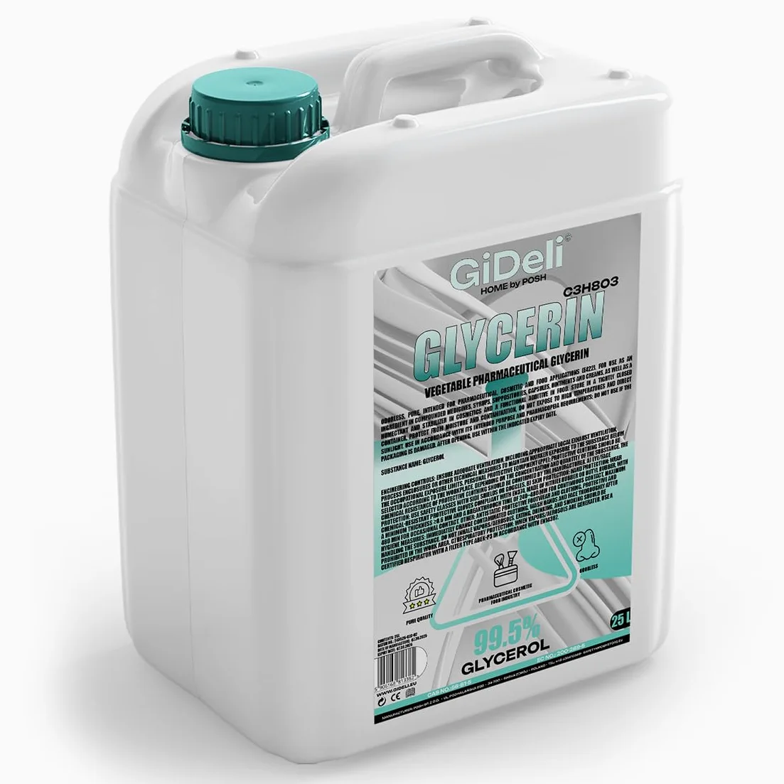 GiDeli Glycérine pure à 99,5 % - 25 l de glycérine VG - Qualité pharmaceutique E422 - Végétalien - Coloré - Sans odeur