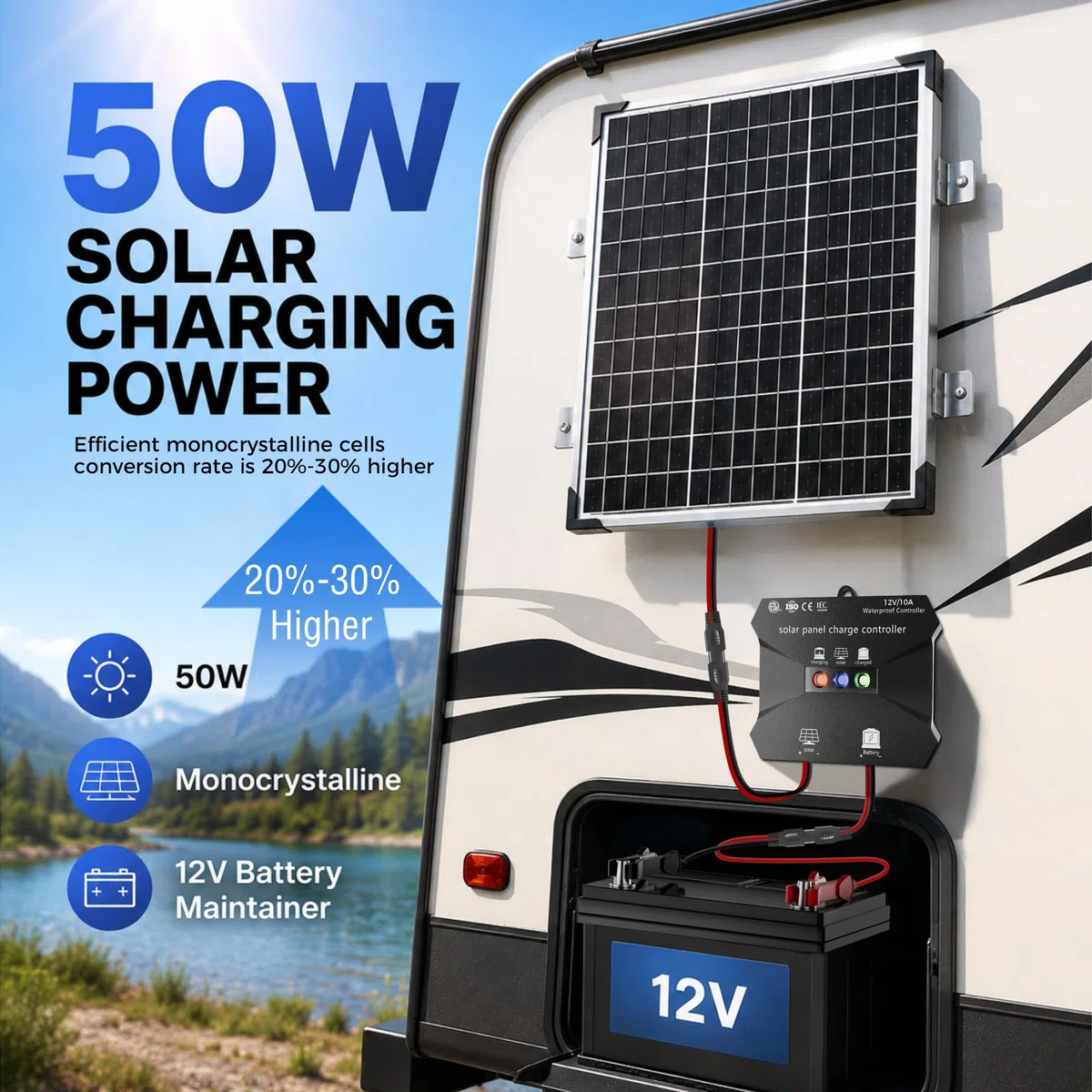Voltset Kit de panneau solaire 50 W 12 V - Chargeur de maintenance pour batteries solaires monocristallines + mise à niveau vers régulateur de charge MPPT 10 A + support en forme de Z pour voiture,
