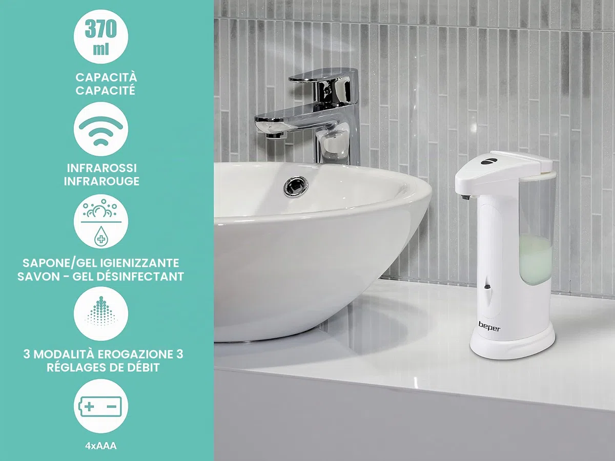 BEPER P201UTP004 Distributeur Automatique de Savon et Gel désinfectant, Distribution réglable, capteur de précision, Protection Anti-Chute, capacité de 370 ML, Blanc