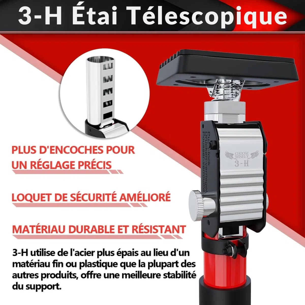3-H Set de 4 Etai Telescopique Reglable 40-62cm, Étai de Porte Tout Acier Épais | Étai de Soutien Télescopique pour Plaque de Plâtre, Cadre de Porte, Installation d'armoire, Rouge