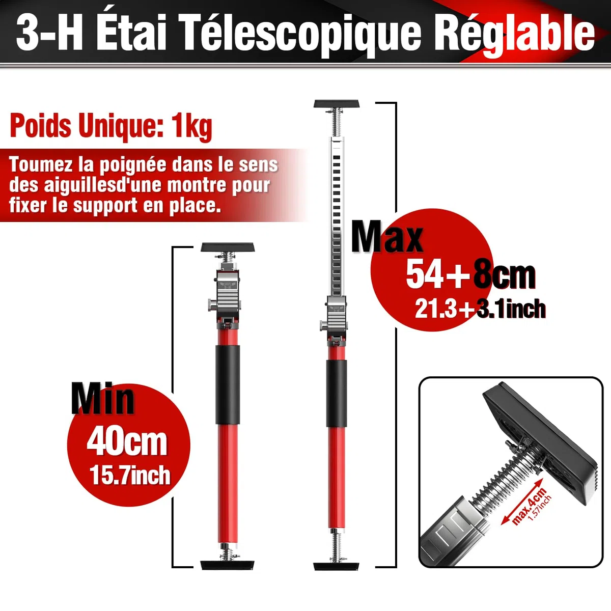 3-H Set de 4 Etai Telescopique Reglable 40-62cm, Étai de Porte Tout Acier Épais | Étai de Soutien Télescopique pour Plaque de Plâtre, Cadre de Porte, Installation d'armoire, Rouge