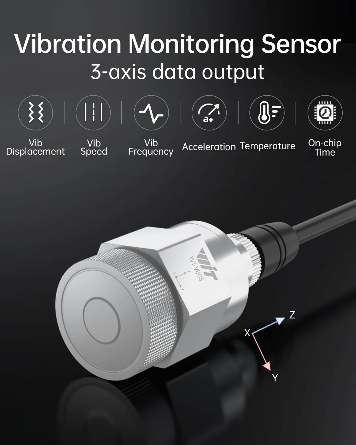 [Capteur de vibrations Modbus RS485] Transducteur étanche IP68 WTVB05, détecteur d'accélération de vibrations 3 axes (fréquence + déplacement + vitesse), moniteur de moteur, montage magnétique fileté