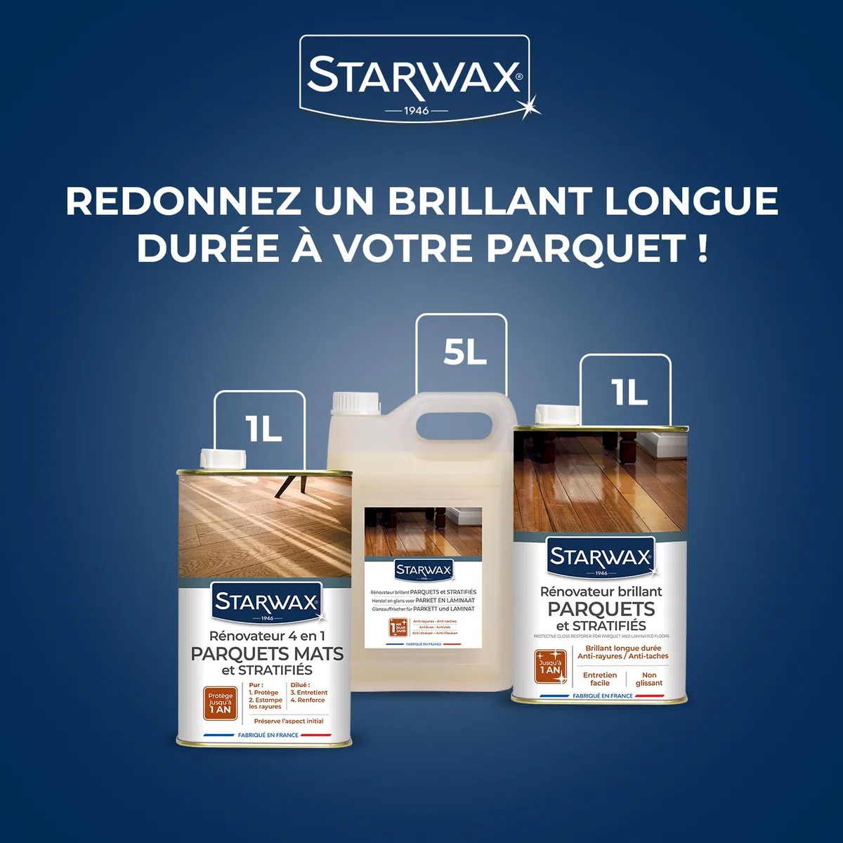 STARWAX Rénovateur brillant protecteur pour parquets et sols stratifiés 1L, fait briller et protège, anti-tache, estompe les rayures, non glissant, longue durée jusqu'à 1 an, rendement 30m²/L