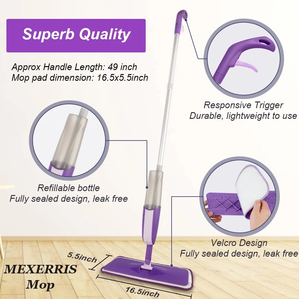 Balais Serpillère Vaporisateur, MEXERRIS Balai Lave Sol avec Reservoir Spray Mop Professionnel Microfibre Mop Pulvérisateur pour la Maison, la Cuisine, Le Bois Dur, Le Stratifié, Le Bois