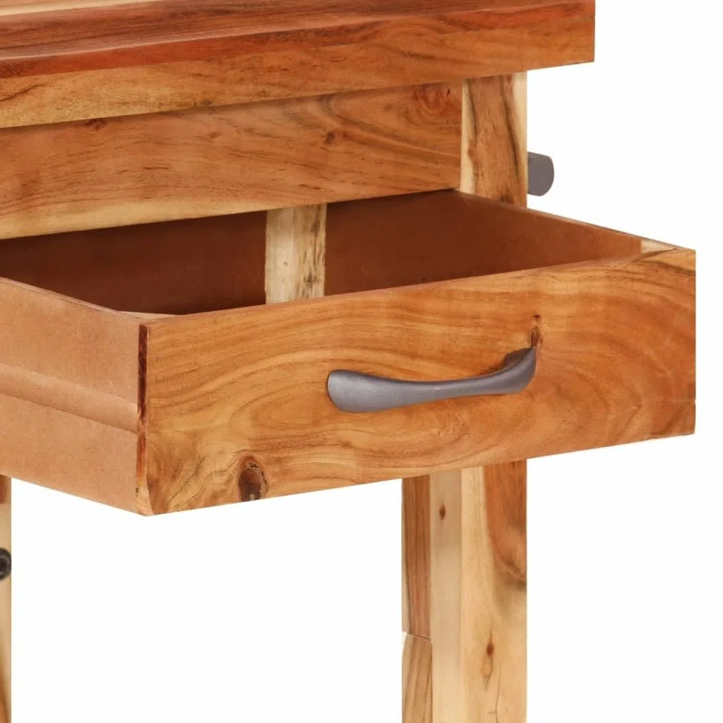 Chariot de cuisine en bois d'acacia massif 55 x 55 x 89 cm avec tiroir, étagère et porte-serviettes, roulant avec roulettes en métal, chariot de service polyvalent et espace de rangement pour