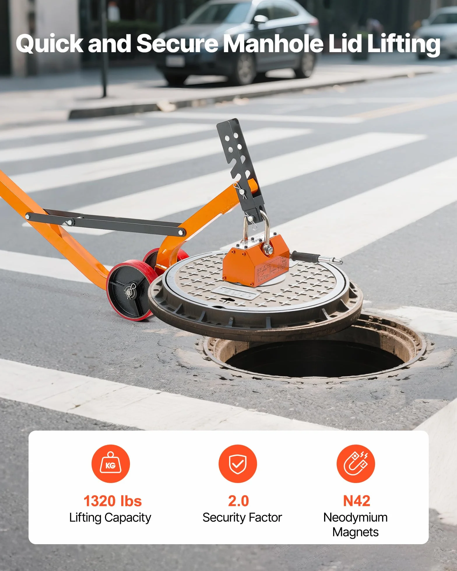 VEVOR Lève-plaque Magnétique sur Roulettes, Porteur Magnétique à Roues en Néodyme N42, Capacité de Traction 600 kg, Pliable et Portable avec Poignée Réglable, pour Manutention de Tampon Regard Grille