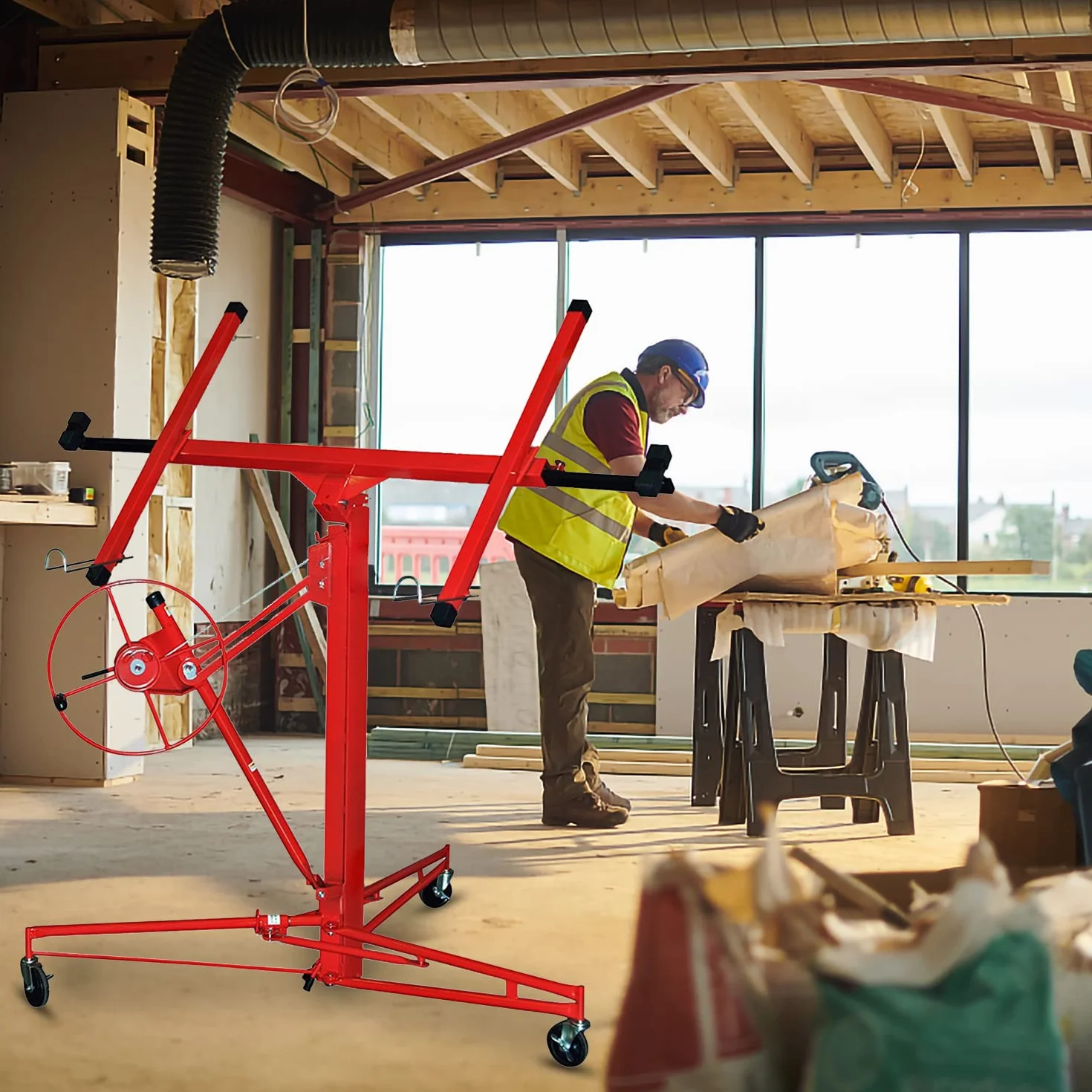 Lève-plaque XXL pour plaques de plâtre, hauteur de travail de 140 à 350 cm, hauteur de travail réglable en hauteur, largeur maximale du bras de charge 290 cm et charge maximale de 70 kg