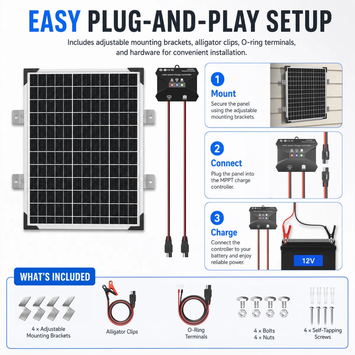 Voltset Kit de panneau solaire 50 W 12 V - Chargeur de maintenance pour batteries solaires monocristallines + mise à niveau vers régulateur de charge MPPT 10 A + support en forme de Z pour voiture,