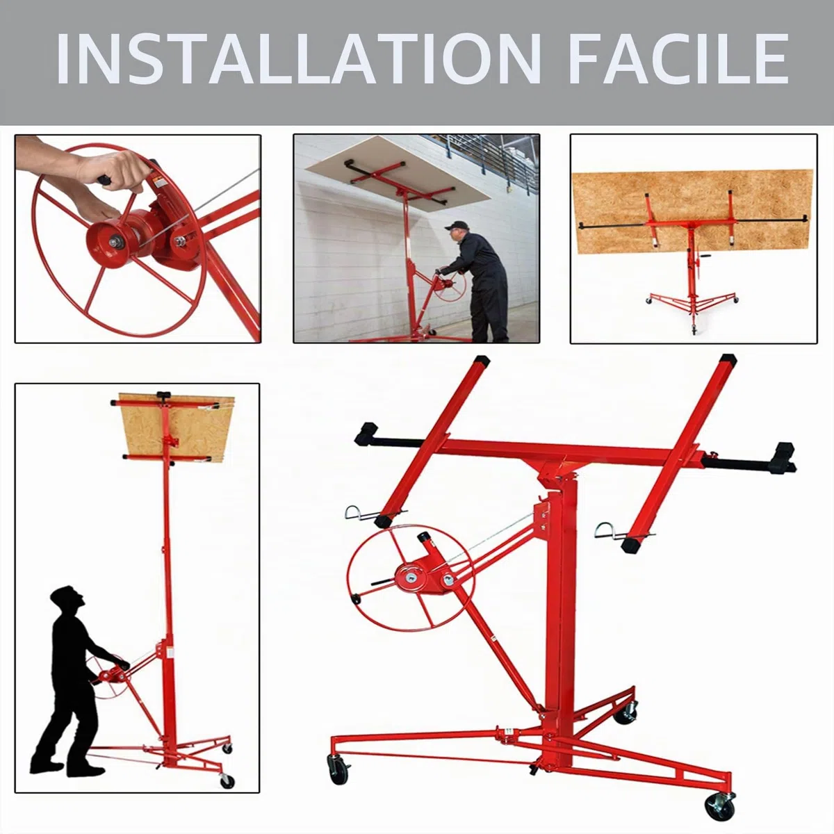 Lève-plaques XXL pour plaques de plâtre, hauteur de travail réglable de 132-325 cm, largeur de bras de charge max 295 cm et capacité de charge de 68 kg, aide pliable au montage pour cloisons