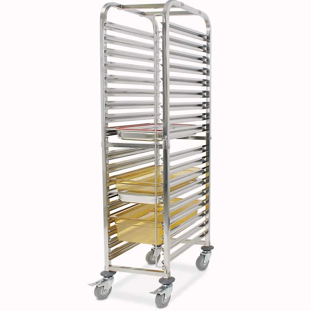 BRB Chariot de transport pour conteneurs GN 18 GN 1/1, acier inoxydable, l x P x H 380 x 550 x 1735 mm, 4 roulettes pivotantes en caoutchouc avec frein de stationnement