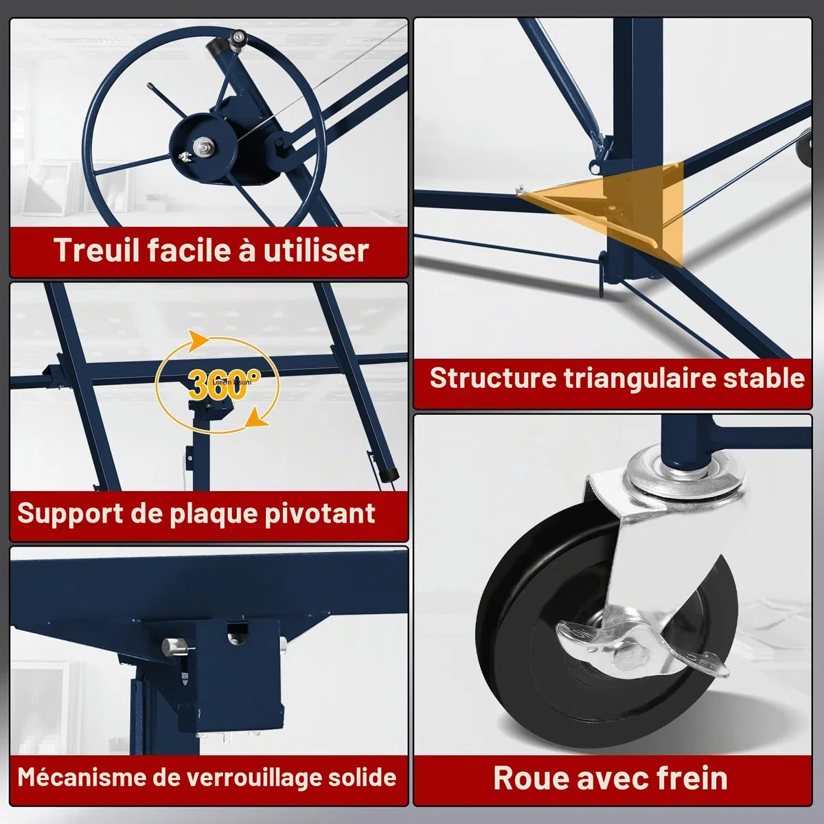 Fiqops Lève-plaque XXL jusqu'à 68 kg maximum pour plaques de plâtre de 140 à 350 cm - Hauteur de travail réglable en hauteur - Largeur du bras de charge maximale : 290 cm - Bleu