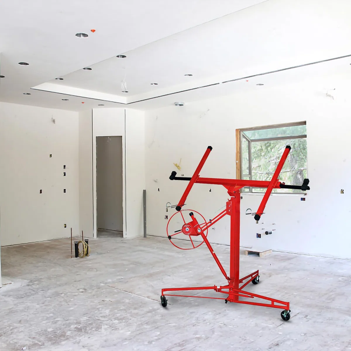 Lève-plaque XXL pour cloison sèche, capacité de charge 68 kg, hauteur de travail 140-350 cm, largeur maximale 290 cm, pliable, réglable, pivotant, aide au montage, rouge